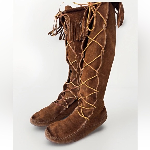 Minnetonka 1422 Boho Suede Lace Up Fringe Moccasin Tall Boots Women’s Size 6 - Picture 4 of 10